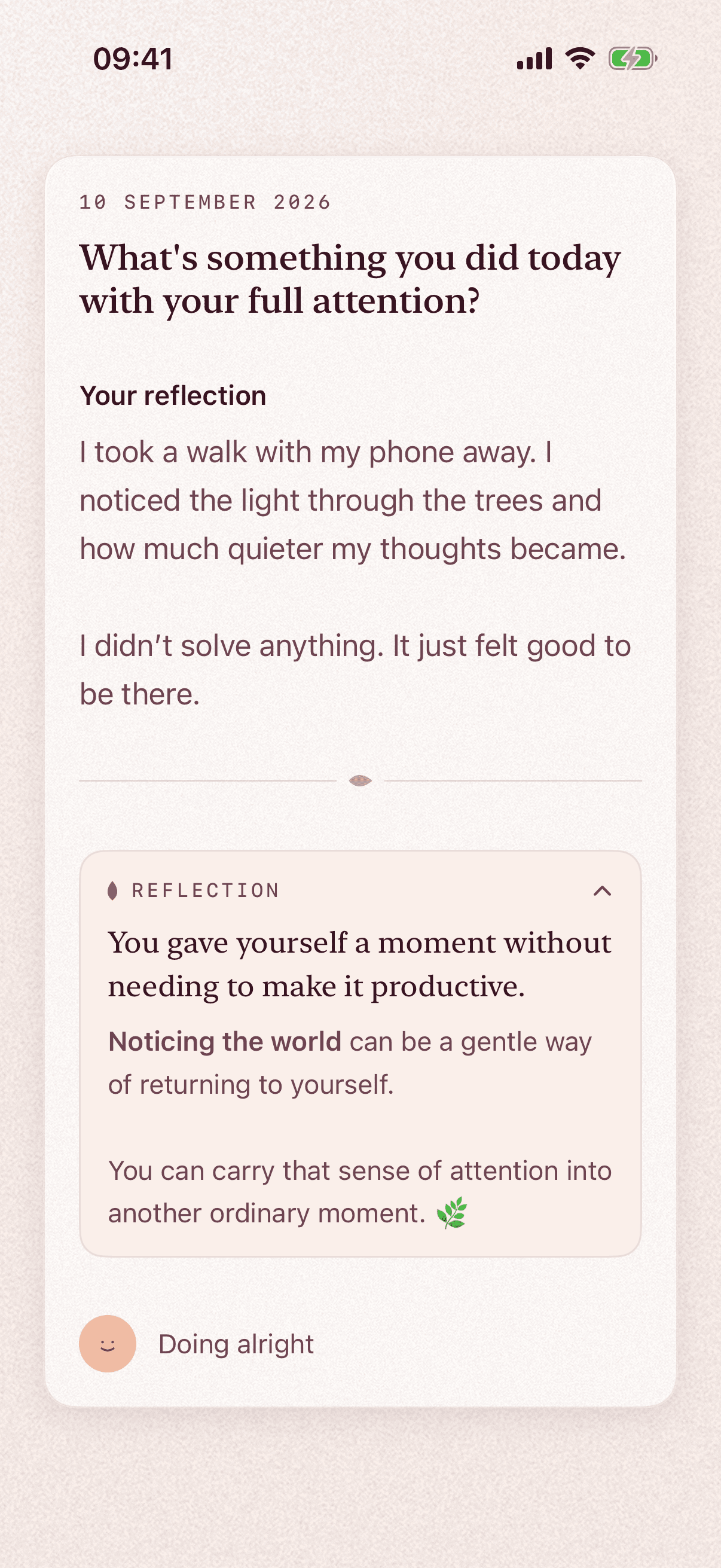A saved entry opened in Your Space, with the short reflection Solace wrote beneath it.